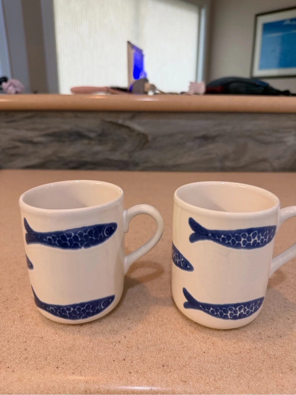 Blue Fish Ceramic Coffee Mugs Tea Cups White & Blue CMG Portugal Tall - Set of 2